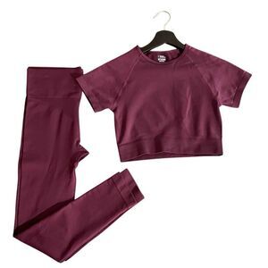 Seamless Wine 2 pc Athleisure set Crop Tank High waist leggings Med Compression